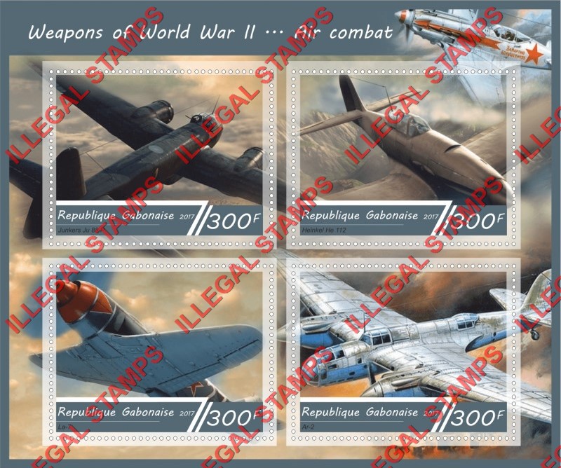 Gabon 2017 World War II Aircraft Illegal Stamp Souvenir Sheet of 4 Gabon 2017 World War II Aircraft Illegal Stamp Souvenir Sheet of 4