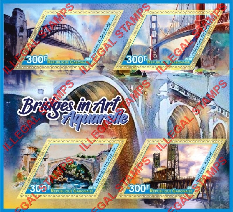 Gabon 2018 Bridges (different a) Illegal Stamp Souvenir Sheet of 4 Gabon 2018 Bridges (different a) Illegal Stamp Souvenir Sheet of 4