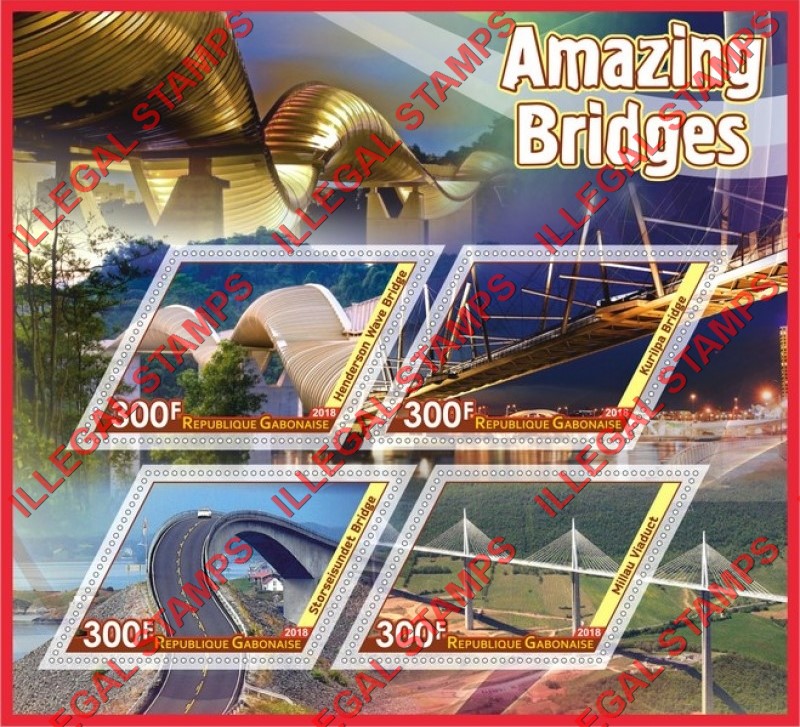 Gabon 2018 Bridges Illegal Stamp Souvenir Sheet of 4 Gabon 2018 Bridges Illegal Stamp Souvenir Sheet of 4