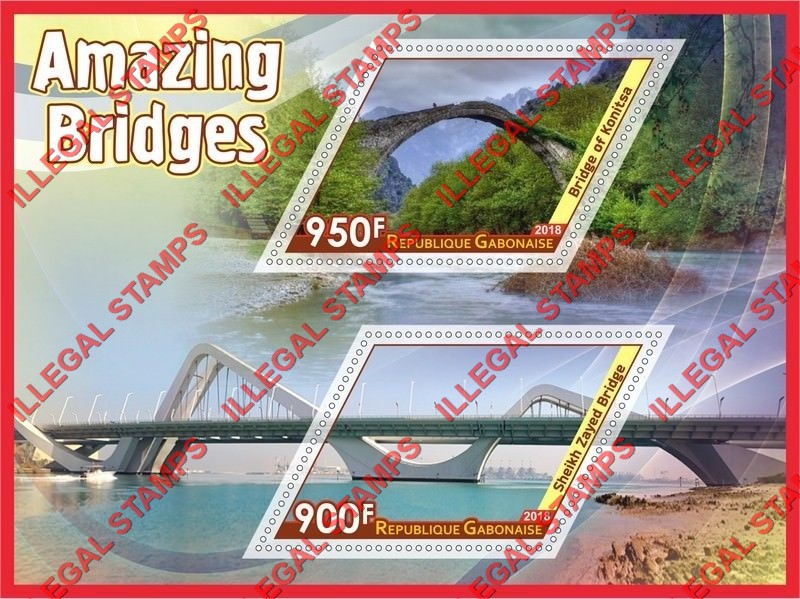 Gabon 2018 Bridges Illegal Stamp Souvenir Sheet of 2 Gabon 2018 Bridges Illegal Stamp Souvenir Sheet of 2