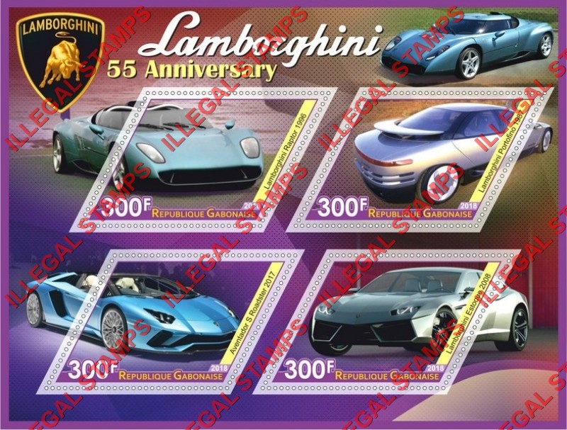 Gabon 2018 Cars Lamborghini (different) Illegal Stamp Souvenir Sheet of 4 Gabon 2018 Cars Lamborghini (different) Illegal Stamp Souvenir Sheet of 4