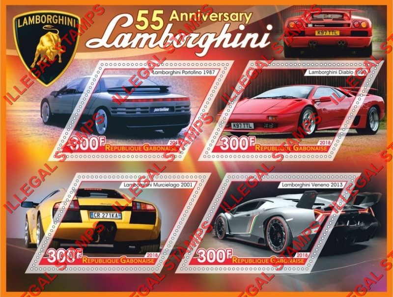 Gabon 2018 Cars Lamborghini Illegal Stamp Souvenir Sheet of 4 Gabon 2018 Cars Lamborghini Illegal Stamp Souvenir Sheet of 4