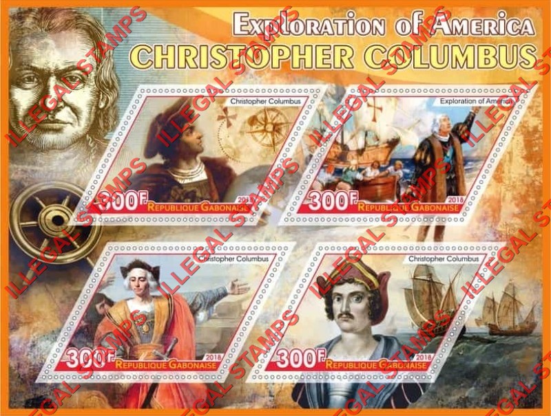 Gabon 2018 Christopher Columbus (different) Illegal Stamp Souvenir Sheet of 4 Gabon 2018 Christopher Columbus (different) Illegal Stamp Souvenir Sheet of 4