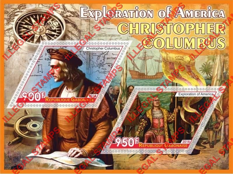 Gabon 2018 Christopher Columbus (different) Illegal Stamp Souvenir Sheet of 2 Gabon 2018 Christopher Columbus (different) Illegal Stamp Souvenir Sheet of 2