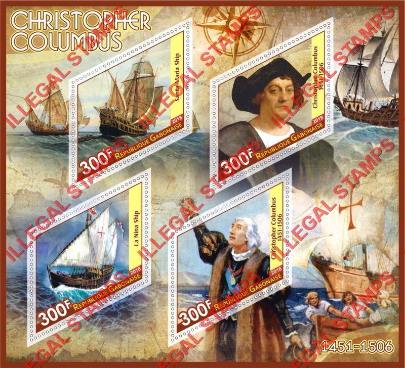 Gabon 2018 Christopher Columbus Illegal Stamp Souvenir Sheet of 4 Gabon 2018 Christopher Columbus Illegal Stamp Souvenir Sheet of 4