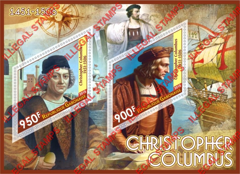 Gabon 2018 Christopher Columbus Illegal Stamp Souvenir Sheet of 2 Gabon 2018 Christopher Columbus Illegal Stamp Souvenir Sheet of 2