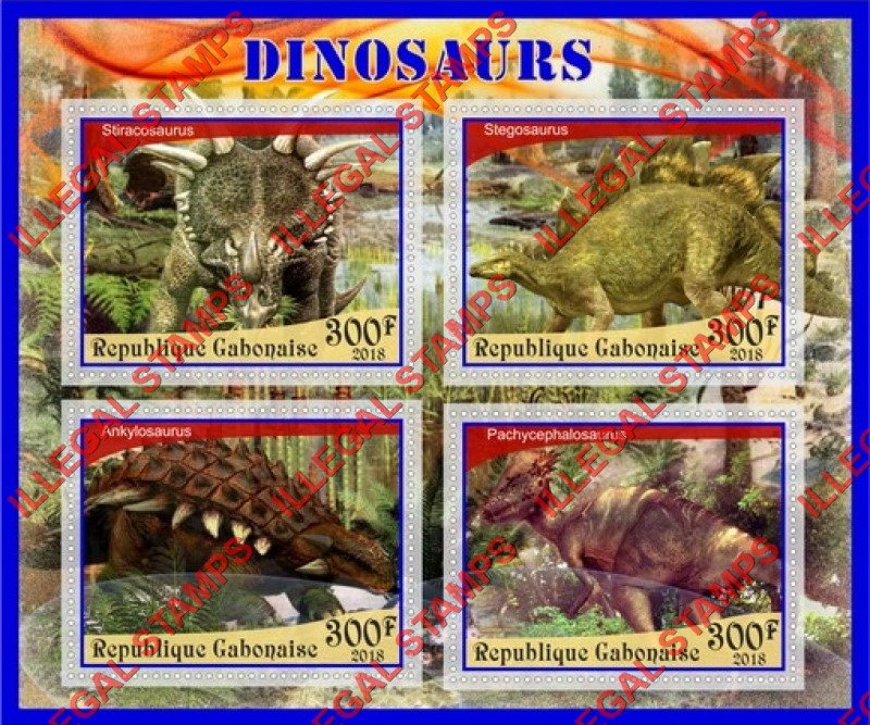 Gabon 2018 Dinosaurs Illegal Stamp Souvenir Sheet of 4 Gabon 2018 Dinosaurs Illegal Stamp Souvenir Sheet of 4