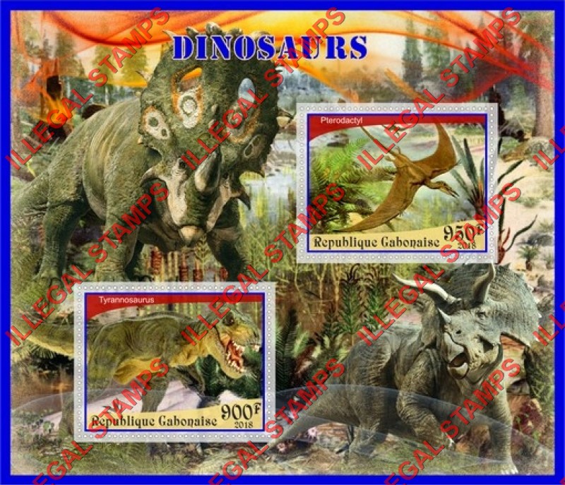 Gabon 2018 Dinosaurs Illegal Stamp Souvenir Sheet of 2 Gabon 2018 Dinosaurs Illegal Stamp Souvenir Sheet of 2
