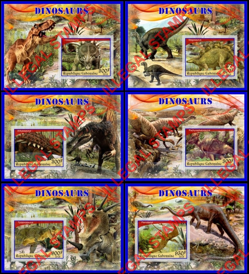 Gabon 2018 Dinosaurs Illegal Stamp Souvenir Sheets of 1 Gabon 2018 Dinosaurs Illegal Stamp Souvenir Sheets of 1