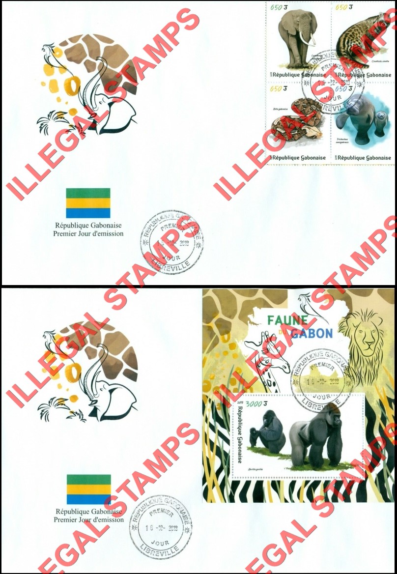 Gabon 2018 Fauna of Gabon Illegal Stamp Souvenir Sheets of 4 and 1 Fake First Day Covers Gabon 2018 Fauna of Gabon Illegal Stamp Souvenir Sheets of 4 and 1 Fake First Day Covers