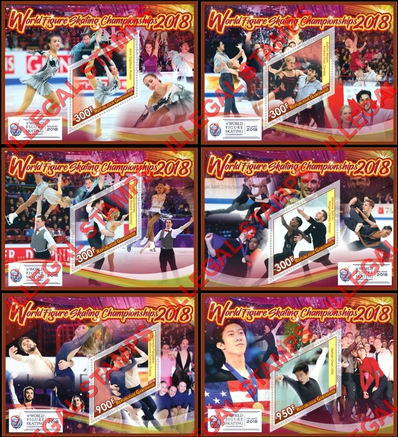 Gabon 2018 Figure Skating Championships (different) Illegal Stamp Souvenir Sheets of 1 Gabon 2018 Figure Skating Championships (different) Illegal Stamp Souvenir Sheets of 1