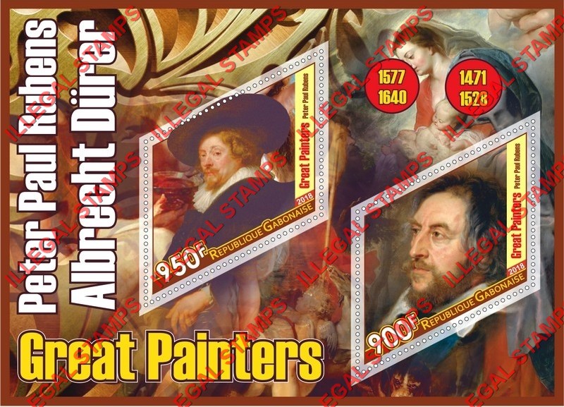 Gabon 2018 Great Painters Durer and Rubens Illegal Stamp Souvenir Sheet of 2 Gabon 2018 Great Painters Durer and Rubens Illegal Stamp Souvenir Sheet of 2