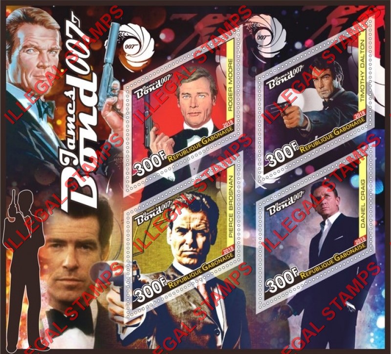 Gabon 2018 James Bond Illegal Stamp Souvenir Sheet of 4 Gabon 2018 James Bond Illegal Stamp Souvenir Sheet of 4