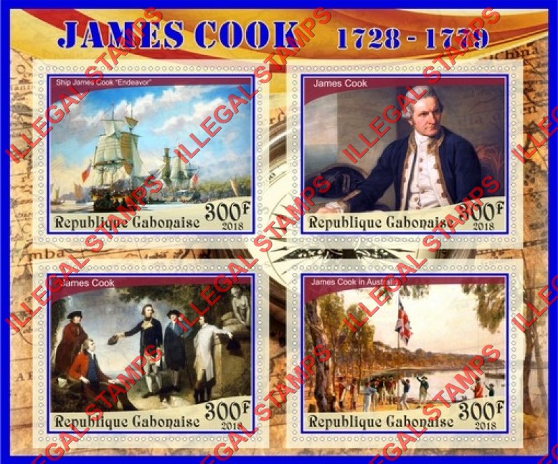 Gabon 2018 James Cook Illegal Stamp Souvenir Sheet of 4 Gabon 2018 James Cook Illegal Stamp Souvenir Sheet of 4