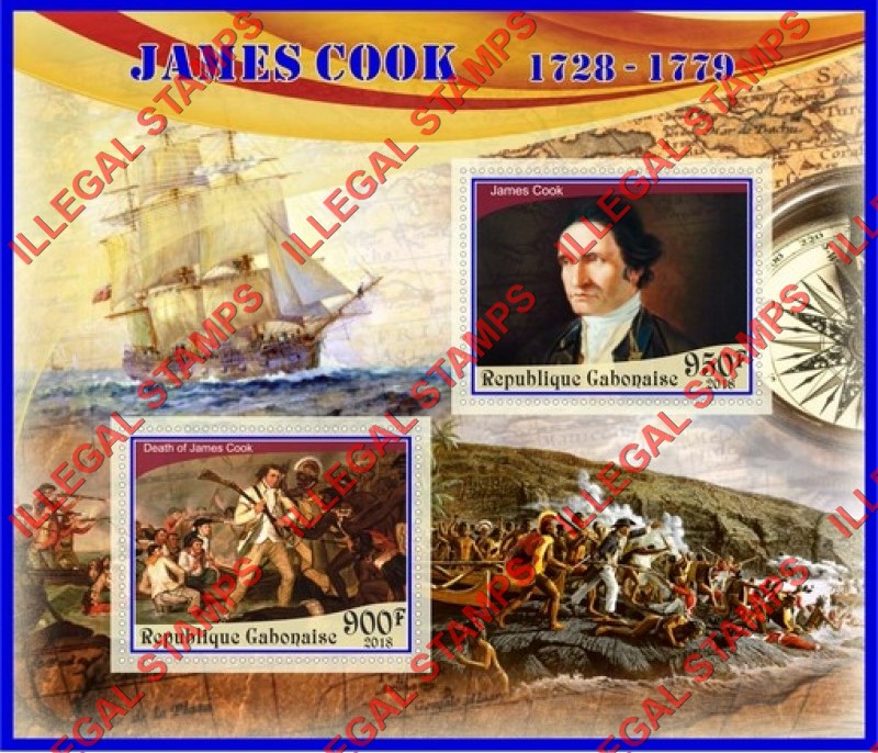 Gabon 2018 James Cook Illegal Stamp Souvenir Sheet of 2 Gabon 2018 James Cook Illegal Stamp Souvenir Sheet of 2