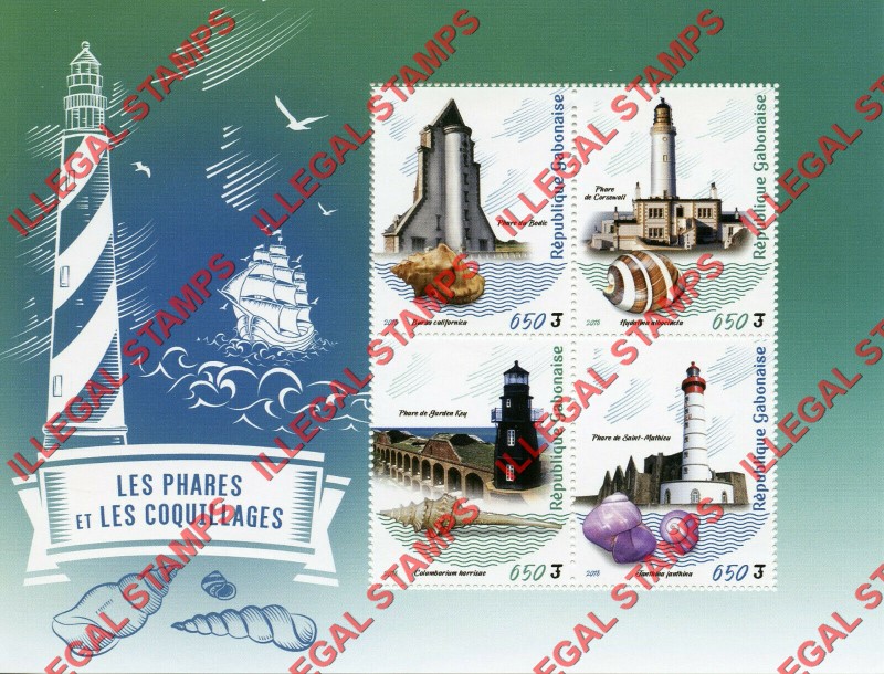 Gabon 2018 Lighthouses and Shells Illegal Stamp Souvenir Sheet of 4 Gabon 2018 Lighthouses and Shells Illegal Stamp Souvenir Sheet of 4