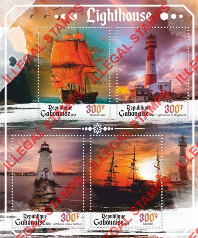 Gabon 2018 Lighthouses and Sailing Ships Illegal Stamp Souvenir Sheet of 4 Gabon 2018 Lighthouses and Sailing Ships Illegal Stamp Souvenir Sheet of 4