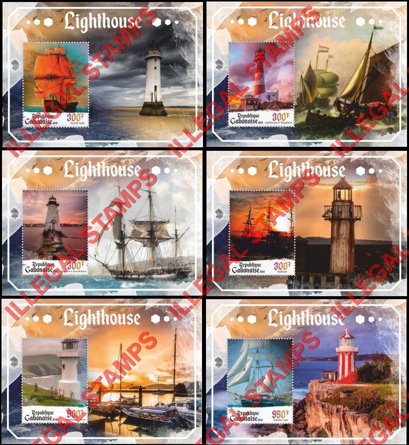 Gabon 2018 Lighthouses and Sailing Ships Illegal Stamp Souvenir Sheets of 1 Gabon 2018 Lighthouses and Sailing Ships Illegal Stamp Souvenir Sheets of 1