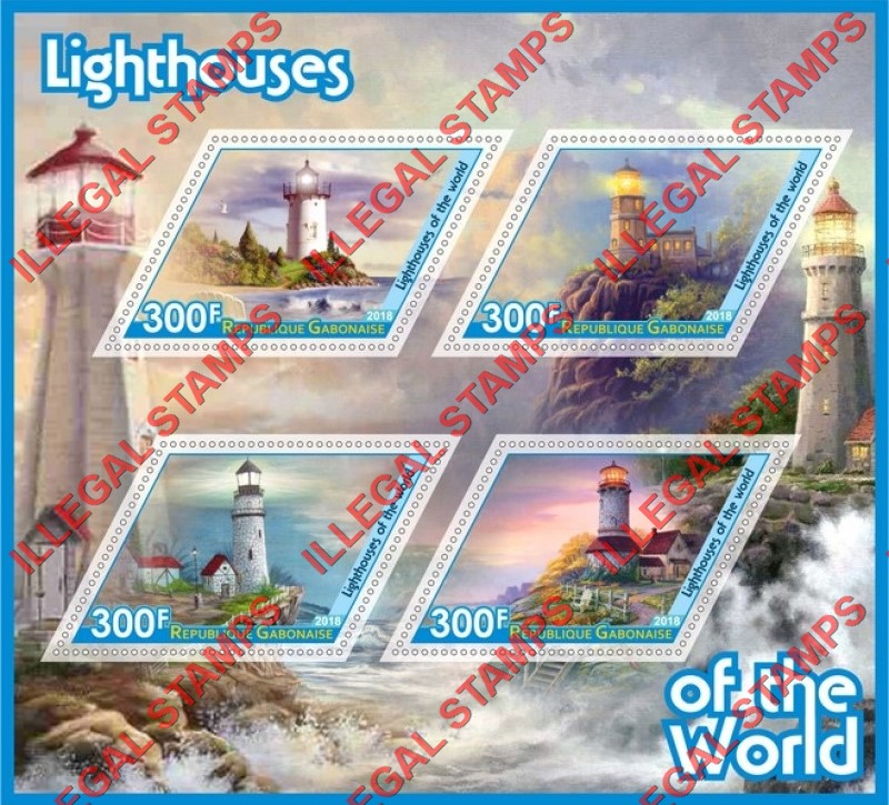 Gabon 2018 Lighthouses Illegal Stamp Souvenir Sheet of 4 Gabon 2018 Lighthouses Illegal Stamp Souvenir Sheet of 4