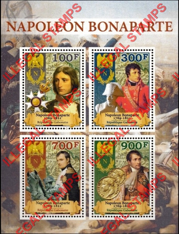 Gabon 2018 Napoleon Bonaparte Illegal Stamp Souvenir Sheet of 4 with no date Inscription Gabon 2018 Napoleon Bonaparte Illegal Stamp Souvenir Sheet of 4 with no date Inscription