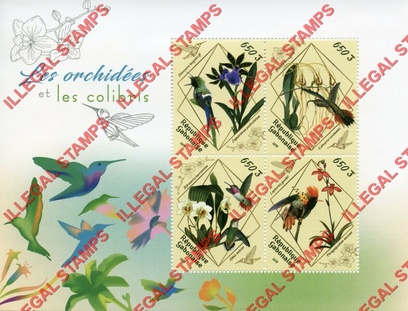 Gabon 2018 Orchids and Hummingbirds Illegal Stamp Souvenir Sheet of 4 Gabon 2018 Orchids and Hummingbirds Illegal Stamp Souvenir Sheet of 4