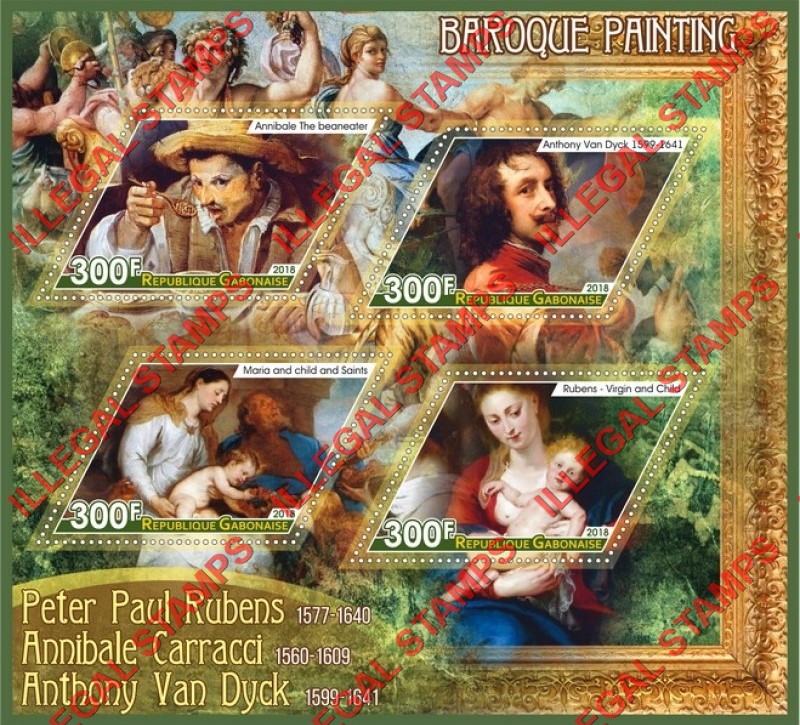Gabon 2018 Paintings Baroque Illegal Stamp Souvenir Sheet of 4 Gabon 2018 Paintings Baroque Illegal Stamp Souvenir Sheet of 4