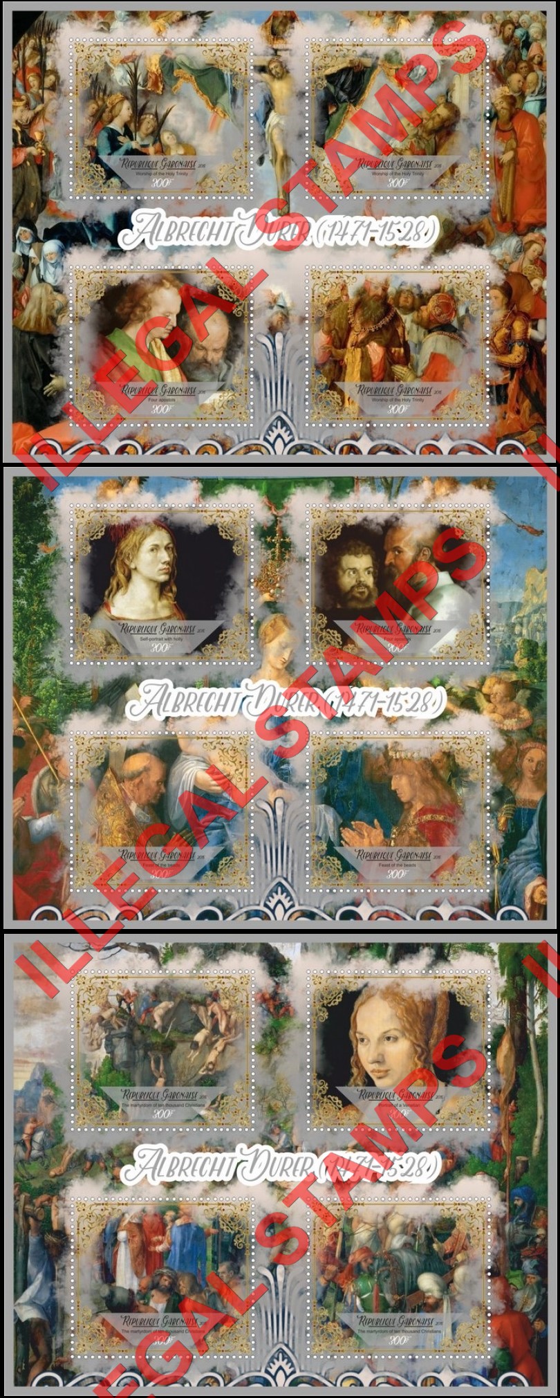 Gabon 2018 Paintings by Durer (different) Illegal Stamp Souvenir Sheets of 4 Gabon 2018 Paintings by Durer (different) Illegal Stamp Souvenir Sheets of 4