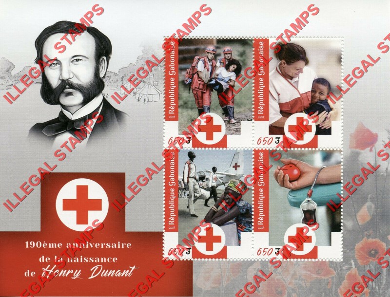 Gabon 2018 Red Cross Henry Dunant Illegal Stamp Souvenir Sheet of 4 Gabon 2018 Red Cross Henry Dunant Illegal Stamp Souvenir Sheet of 4