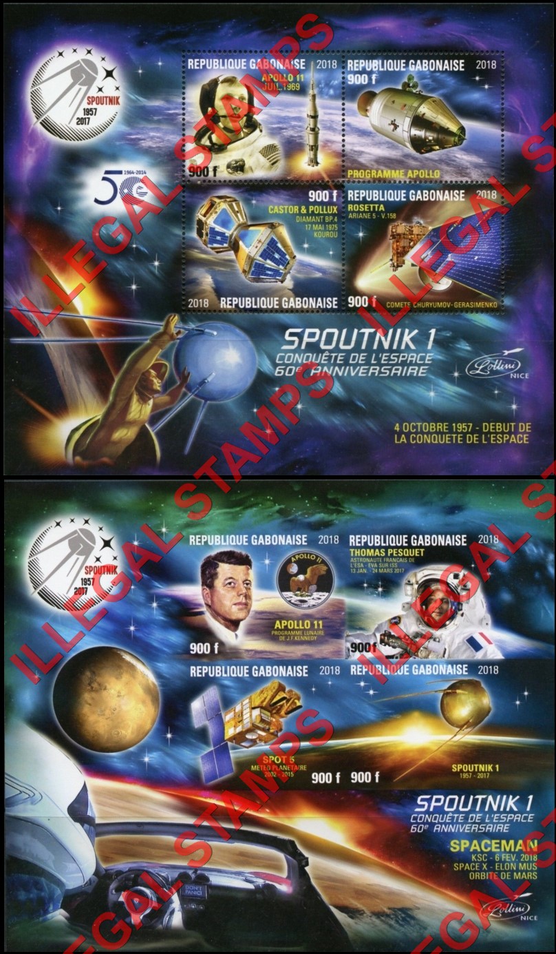 Gabon 2018 Space Conquest 60th Anniversary Spoutnik 1 Illegal Stamp Lollini Souvenir Sheets of 4 (Part 1) Gabon 2018 Space Conquest 60th Anniversary Spoutnik 1 Illegal Stamp Lollini Souvenir Sheets of 4 (Part 1)