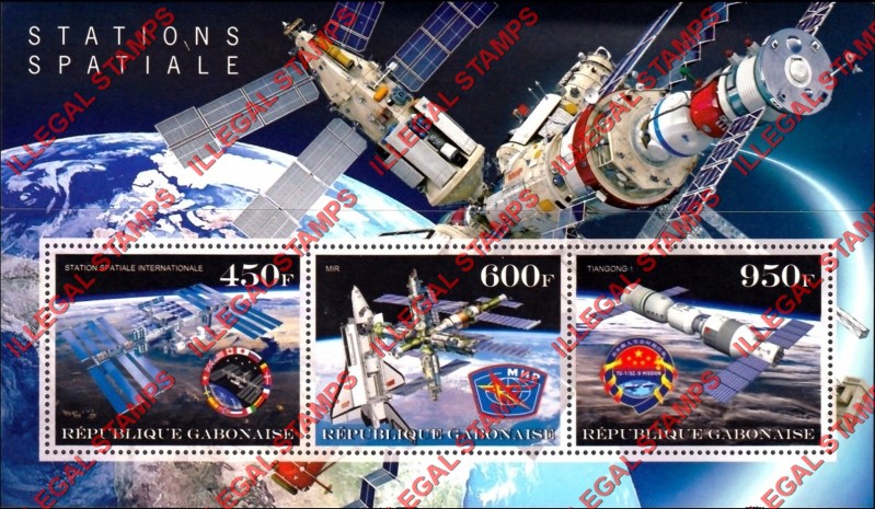 Gabon 2018 Space Stations Illegal Stamp Souvenir Sheet of 3 with no date Inscription Gabon 2018 Space Stations Illegal Stamp Souvenir Sheet of 3 with no date Inscription