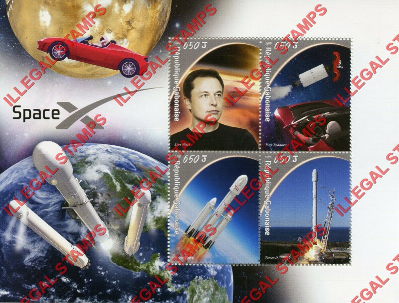 Gabon 2018 Space X Elon Musk Illegal Stamp Souvenir Sheet of 4 Gabon 2018 Space X Elon Musk Illegal Stamp Souvenir Sheet of 4