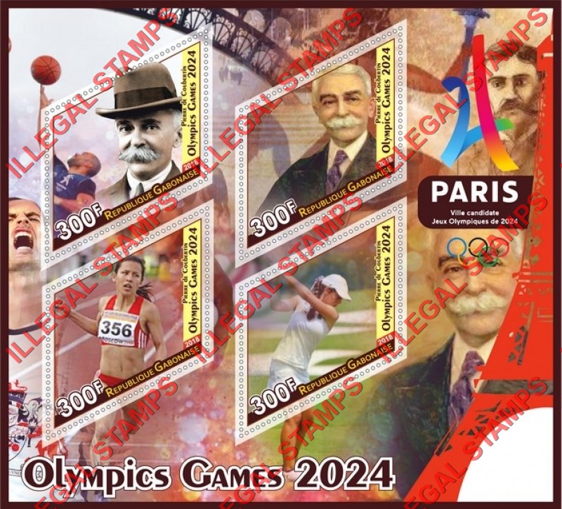 Gabon 2018 Summer Olympic Games Paris 2024 Illegal Stamp Souvenir Sheet of 4 Gabon 2018 Summer Olympic Games Paris 2024 Illegal Stamp Souvenir Sheet of 4