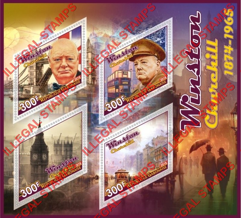 Gabon 2018 Winston Churchill Illegal Stamp Souvenir Sheet of 4 Gabon 2018 Winston Churchill Illegal Stamp Souvenir Sheet of 4