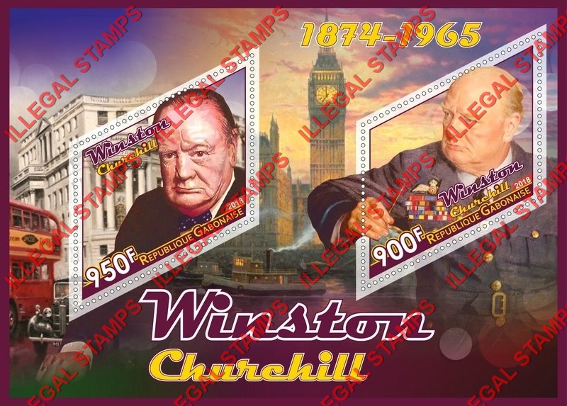 Gabon 2018 Winston Churchill Illegal Stamp Souvenir Sheet of 2 Gabon 2018 Winston Churchill Illegal Stamp Souvenir Sheet of 2