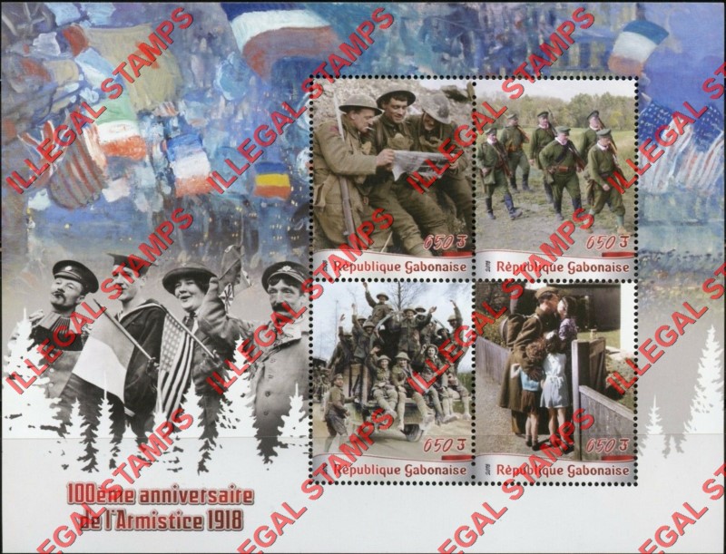 Gabon 2018 World War I Armistice Illegal Stamp Souvenir Sheet of 4 Gabon 2018 World War I Armistice Illegal Stamp Souvenir Sheet of 4