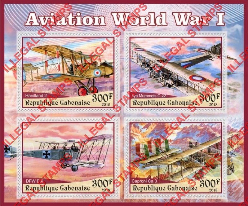 Gabon 2018 World War I Aviation (different) Illegal Stamp Souvenir Sheet of 4 Gabon 2018 World War I Aviation (different) Illegal Stamp Souvenir Sheet of 4