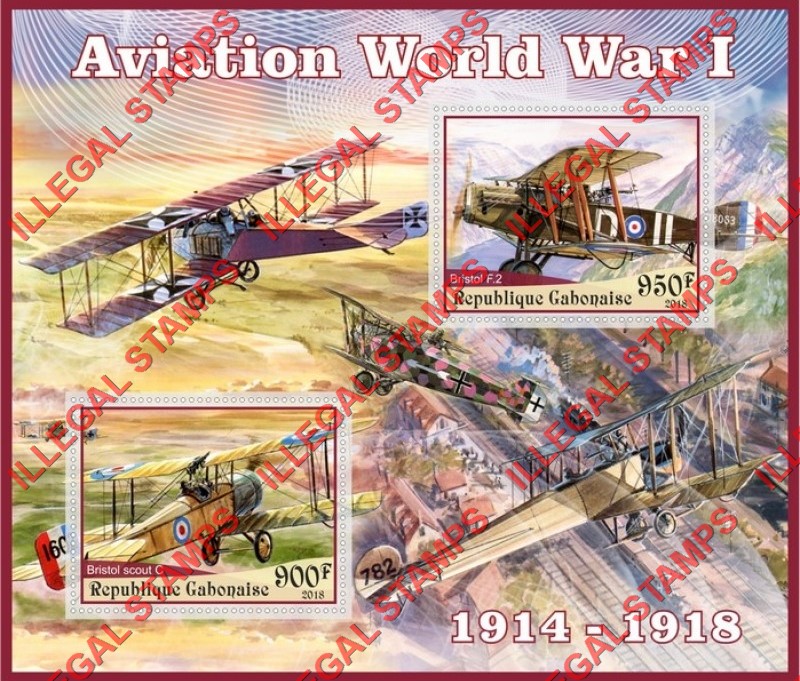 Gabon 2018 World War I Aviation (different) Illegal Stamp Souvenir Sheet of 2 Gabon 2018 World War I Aviation (different) Illegal Stamp Souvenir Sheet of 2