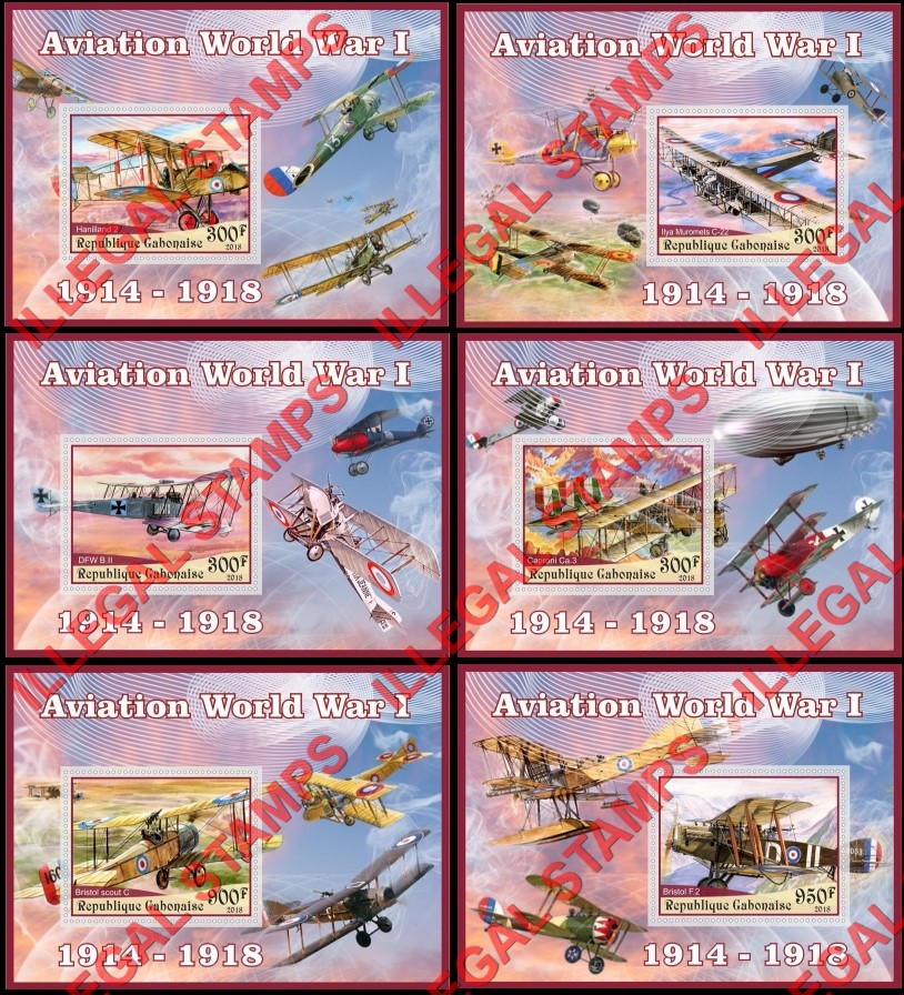 Gabon 2018 World War I Aviation (different) Illegal Stamp Souvenir Sheets of 1 Gabon 2018 World War I Aviation (different) Illegal Stamp Souvenir Sheets of 1