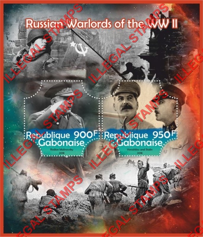 Gabon 2018 World War II Russian Warlords Illegal Stamp Souvenir Sheet of 2 Gabon 2018 World War II Russian Warlords Illegal Stamp Souvenir Sheet of 2