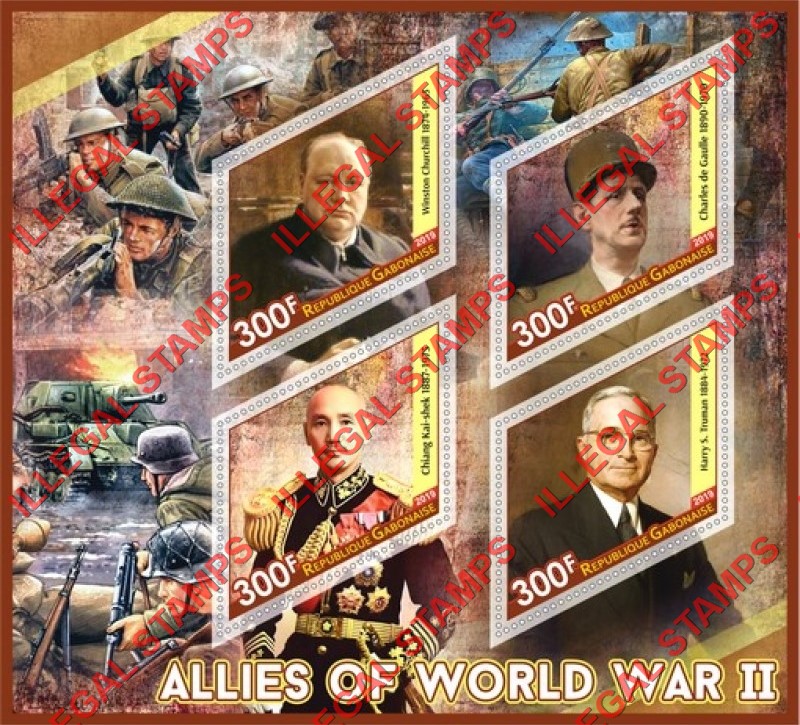 Gabon 2019 Allies of World War II Illegal Stamp Souvenir Sheet of 4 Gabon 2019 Allies of World War II Illegal Stamp Souvenir Sheet of 4
