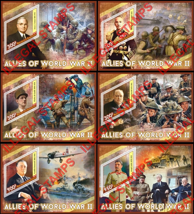 Gabon 2019 Allies of World War II Illegal Stamp Souvenir Sheets of 1 Gabon 2019 Allies of World War II Illegal Stamp Souvenir Sheets of 1