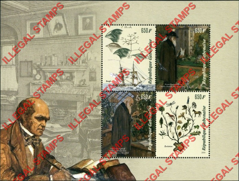 Gabon 2019 Charles Darwin Illegal Stamp Souvenir Sheet of 4 Gabon 2019 Charles Darwin Illegal Stamp Souvenir Sheet of 4