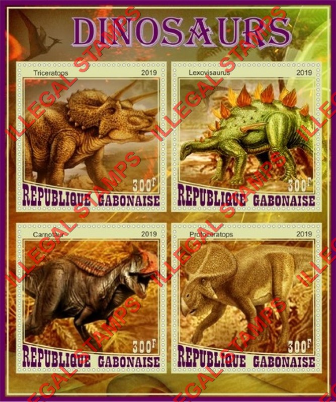 Gabon 2019 Dinosaurs (different c) Illegal Stamp Souvenir Sheet of 4 Gabon 2019 Dinosaurs (different c) Illegal Stamp Souvenir Sheet of 4