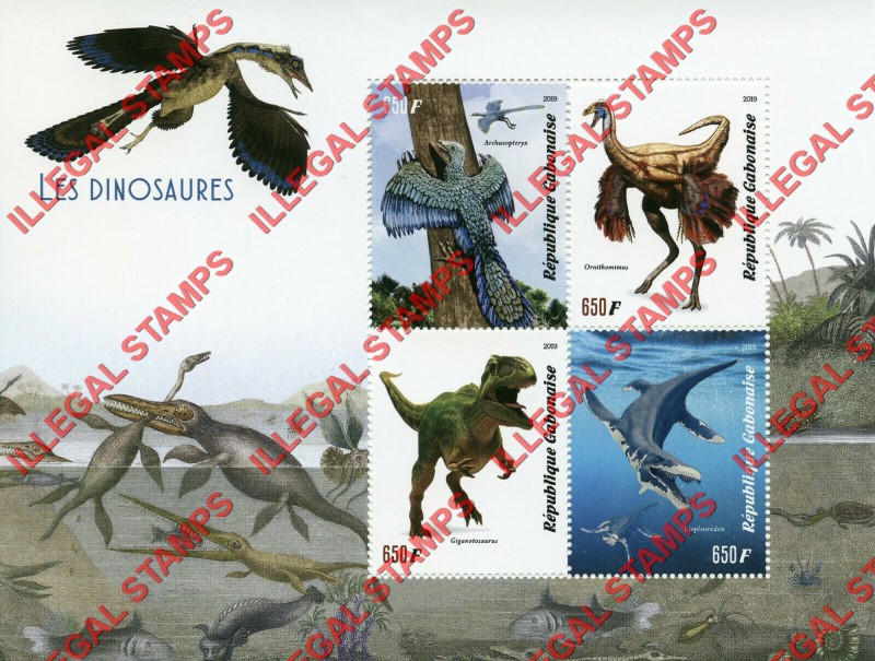 Gabon 2019 Dinosaurs Illegal Stamp Souvenir Sheet of 4 Gabon 2019 Dinosaurs Illegal Stamp Souvenir Sheet of 4