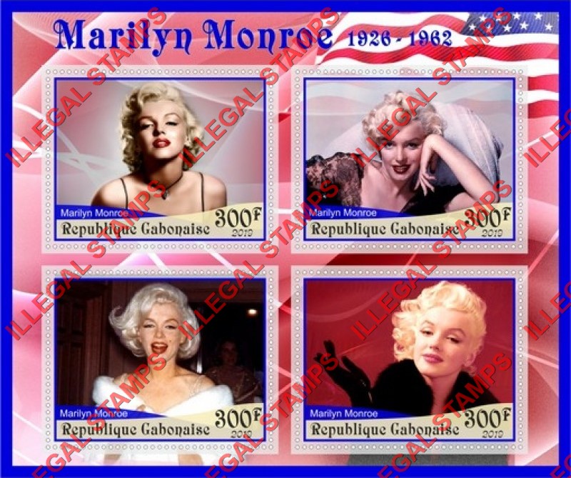 Gabon 2019 Marilyn Monroe Illegal Stamp Souvenir Sheet of 4 Gabon 2019 Marilyn Monroe Illegal Stamp Souvenir Sheet of 4