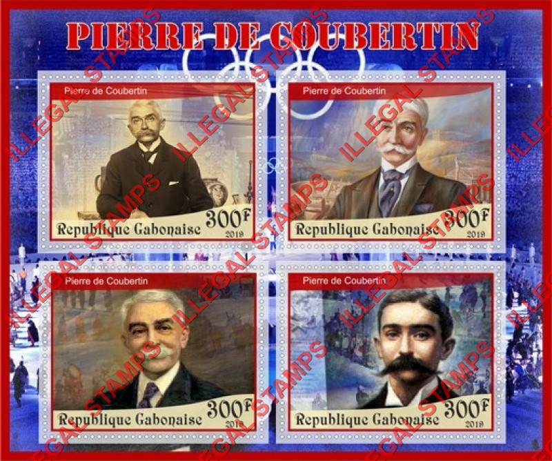 Gabon 2019 Pierre de Coubertin Illegal Stamp Souvenir Sheet of 4 Gabon 2019 Pierre de Coubertin Illegal Stamp Souvenir Sheet of 4