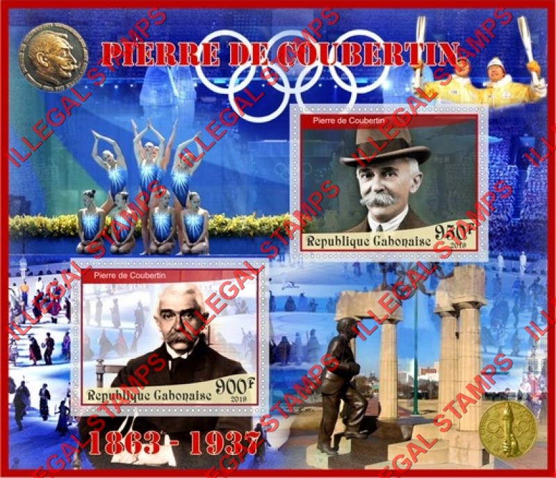 Gabon 2019 Pierre de Coubertin Illegal Stamp Souvenir Sheet of 2 Gabon 2019 Pierre de Coubertin Illegal Stamp Souvenir Sheet of 2