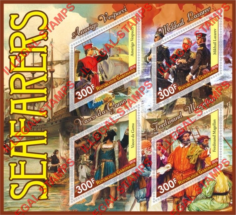 Gabon 2019 Seafarers (different) Illegal Stamp Souvenir Sheet of 4 Gabon 2019 Seafarers (different) Illegal Stamp Souvenir Sheet of 4