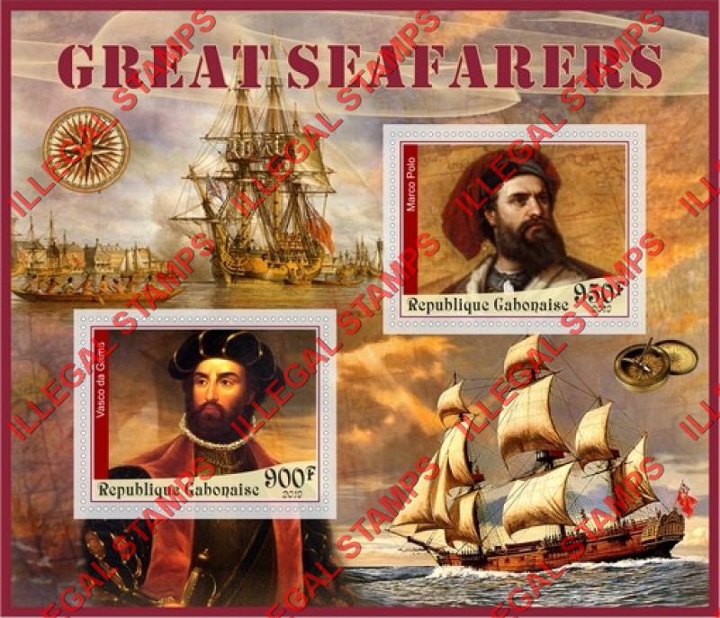 Gabon 2019 Great Seafarers Illegal Stamp Souvenir Sheet of 2 Gabon 2019 Great Seafarers Illegal Stamp Souvenir Sheet of 2