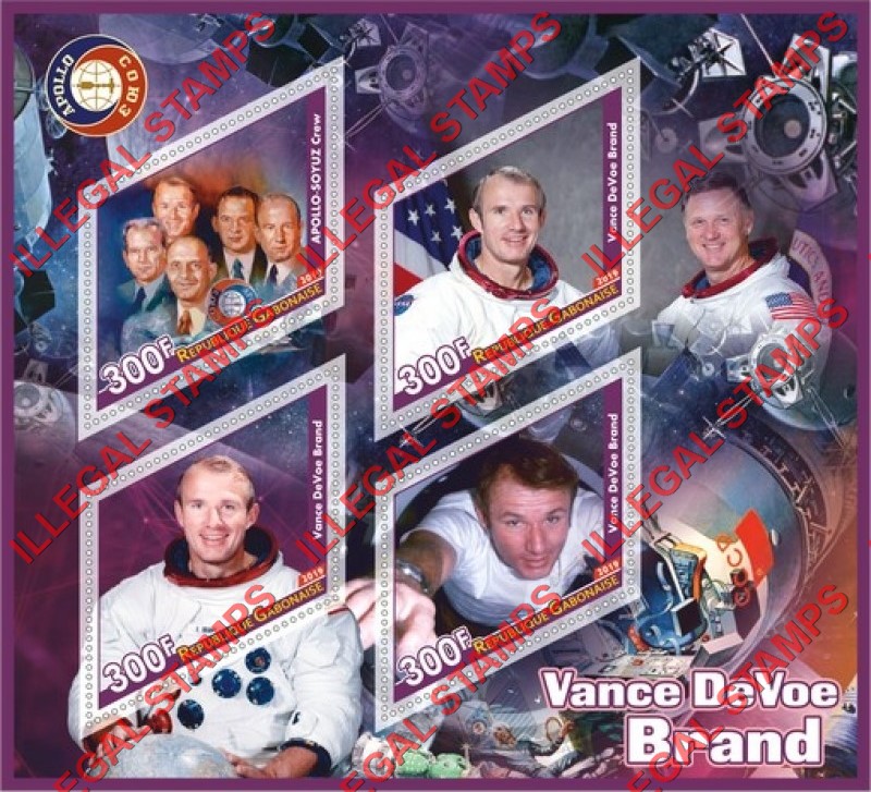 Gabon 2019 Space Apollo Soyuz Vance DeVoe Brand Illegal Stamp Souvenir Sheet of 4 Gabon 2019 Space Apollo Soyuz Vance DeVoe Brand Illegal Stamp Souvenir Sheet of 4